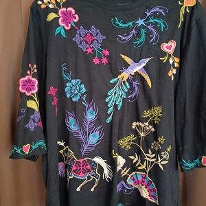 Johnny Was Black Top with Vibrant Embroidery